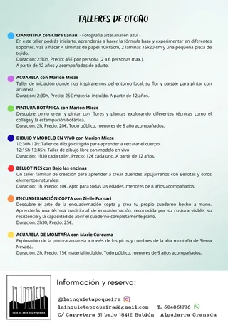 Detalles de los próximos talleres: descripción, duración, precio y edades de cada taller