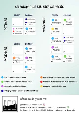 Calendario de los próximos talleres de La Inquieta, con las fechas y horas de cada uno