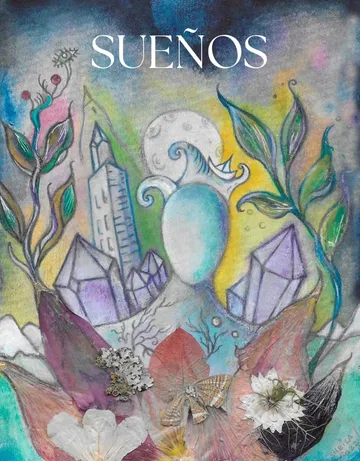 Obra mixta titulada «Sueños»: una figura soñadora rodeada de cristales, hojas, flores prensadas y una luna llena