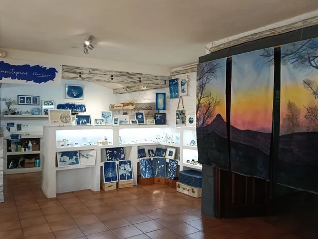 La sala de cianotipias de Clara Lanau, con obra enmarcada, joyería y grandes telas pintadas